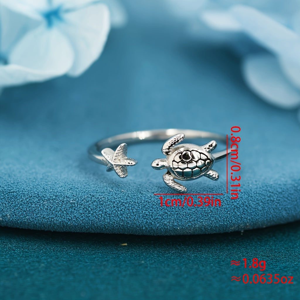 Adjustable Sea Turtle and Starfish Silver Ring