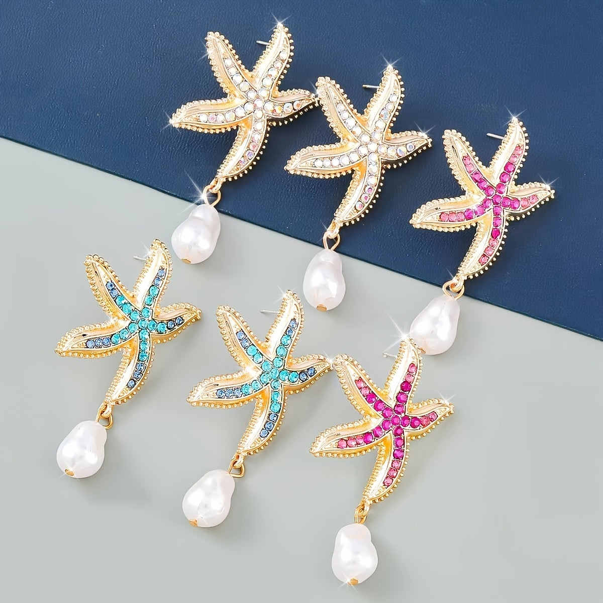 Gold-Tone Starfish Drop Earrings with Rhinestones & Pearl