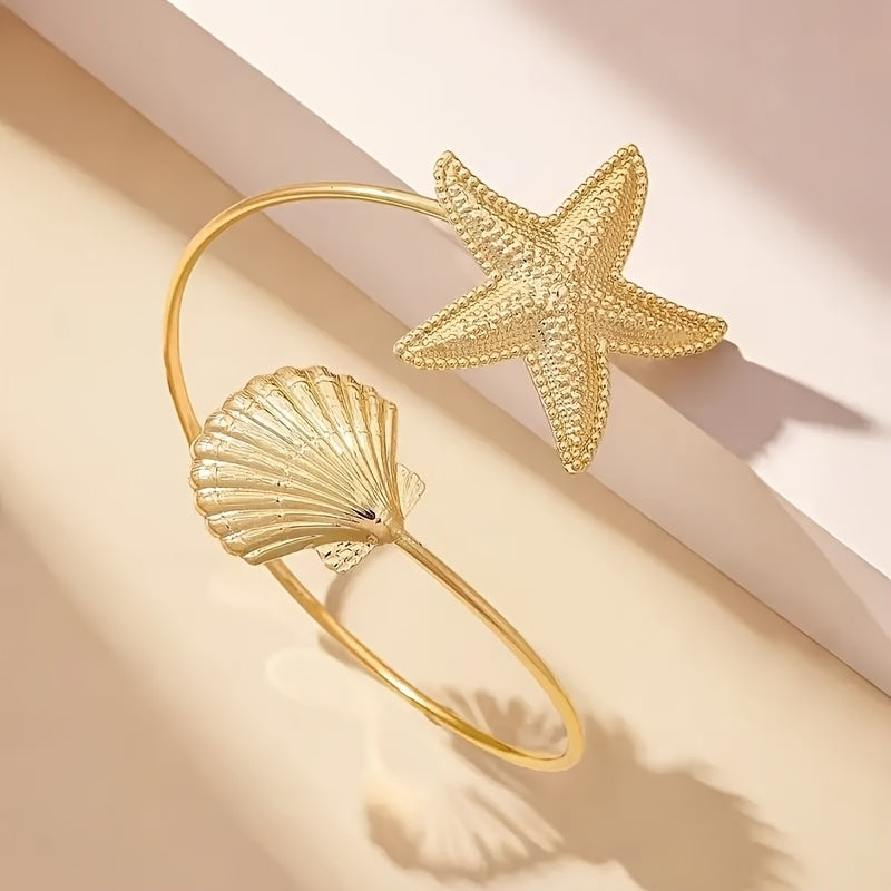 Gold Starfish Seashell Nautical Cuff Bracelet