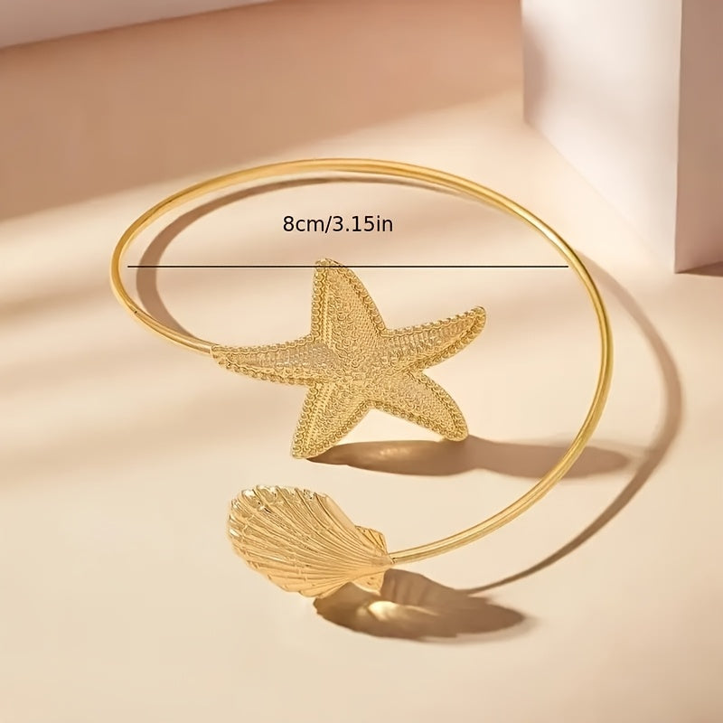 Gold Starfish Seashell Nautical Cuff Bracelet