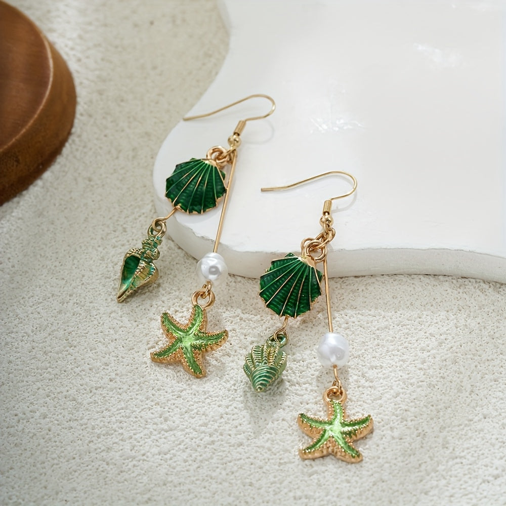 Gold-Tone Enamel Shell Starfish Pearl Drop Earrings