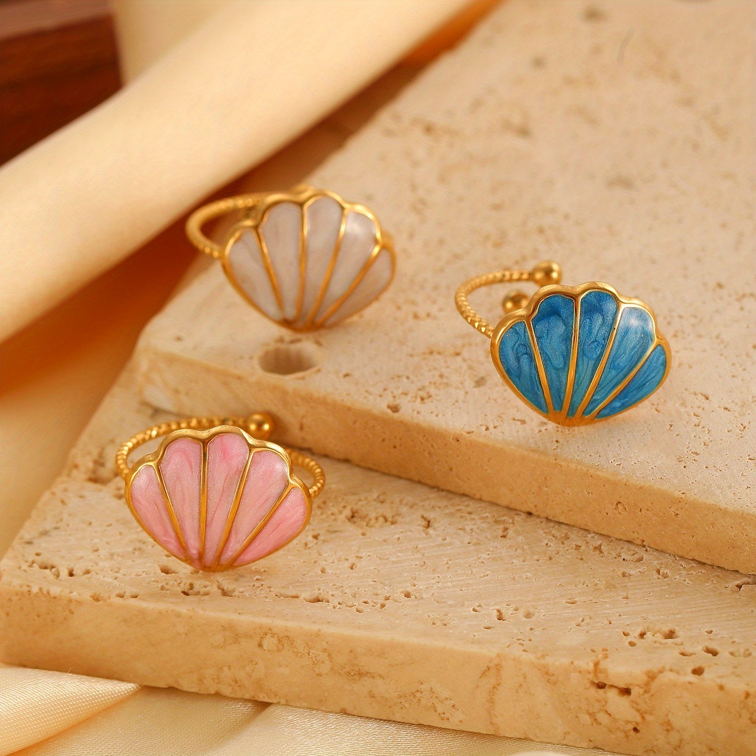 Colorful Enamel Seashell Gold Tone Open Ring