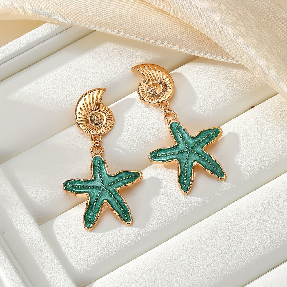 Gold-Tone Shell with Blue Starfish Drop Earrings