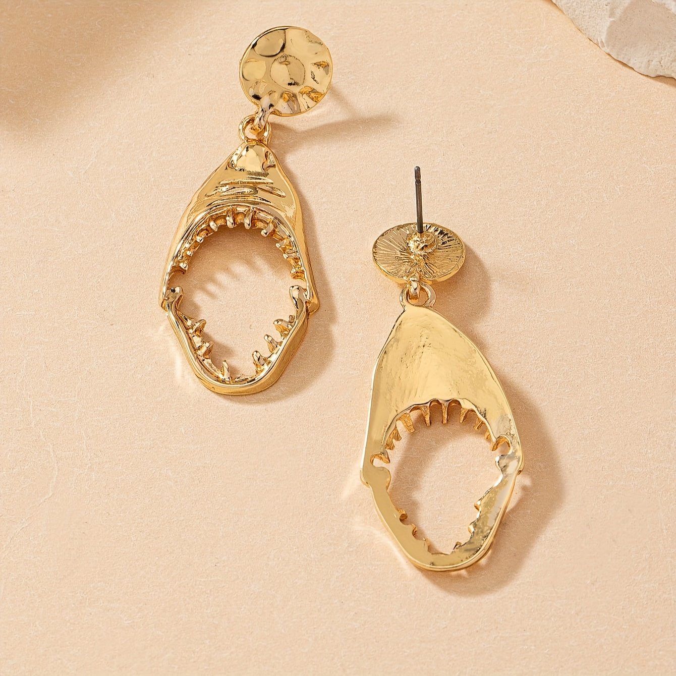 Gold Shark Jaw Drop Earrings with Hammered Disc