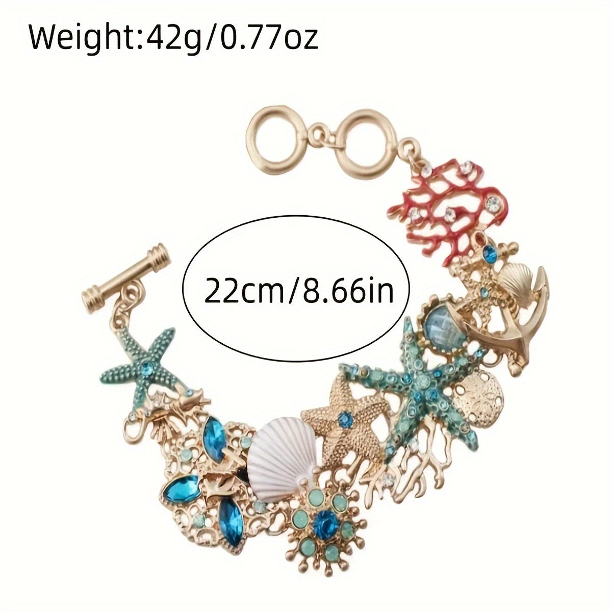 Gold Tone Sea Life Bracelet with Starfish & Blue Gems