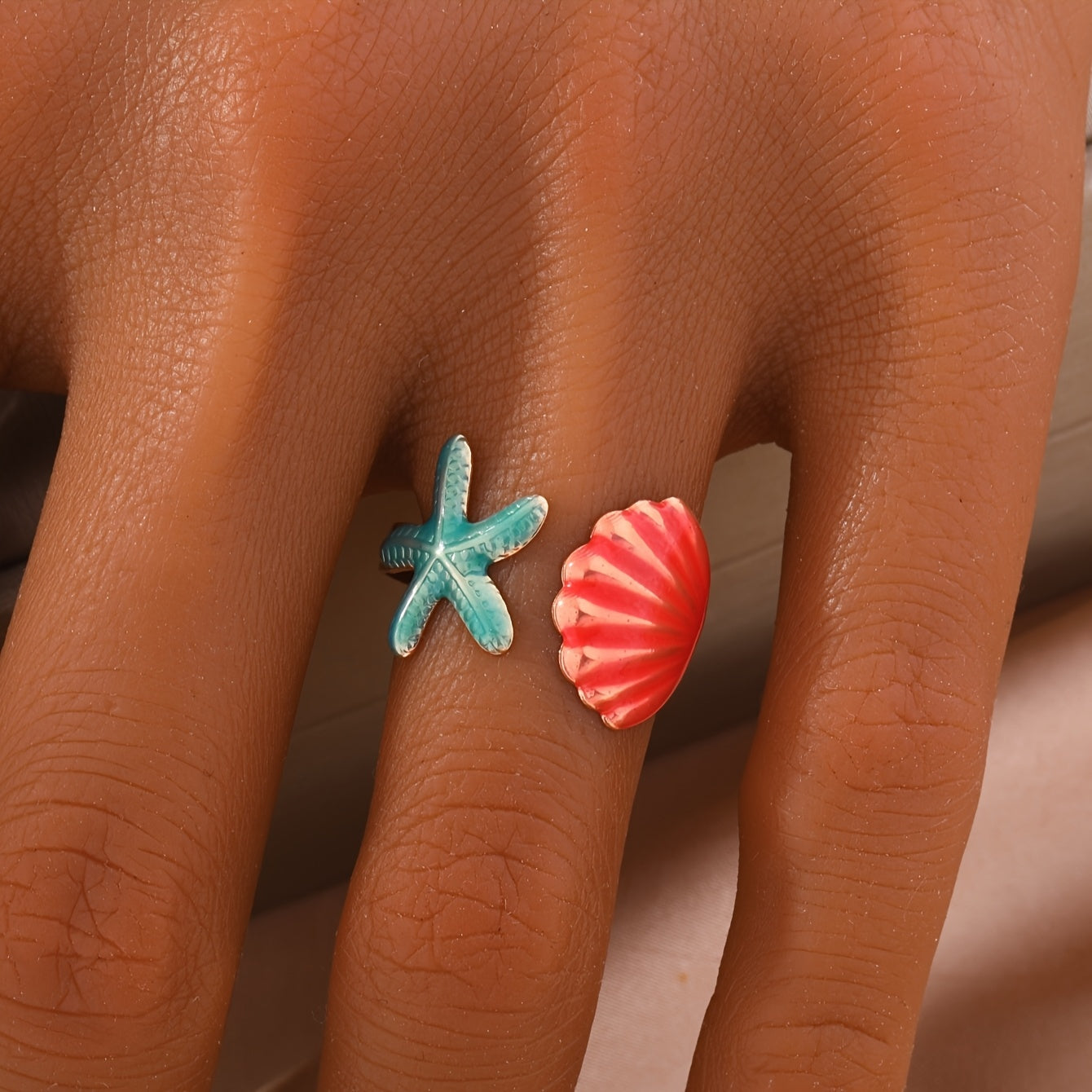 Enamel Starfish and Shell Adjustable Ring