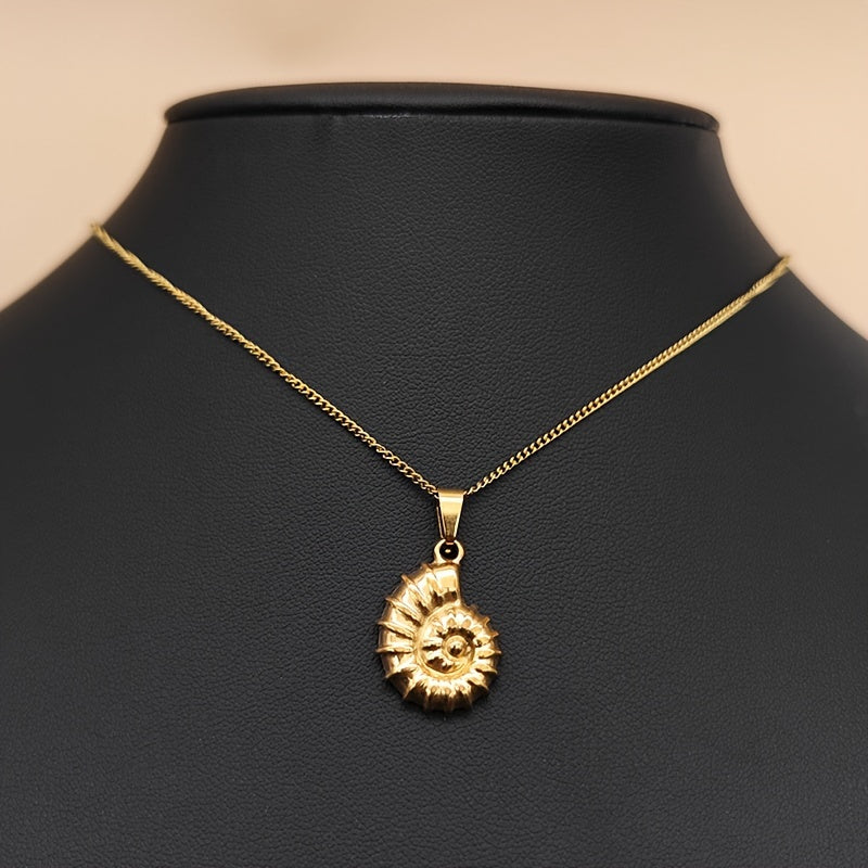 Golden Ribbed Ammonite Fossil Pendant Necklace