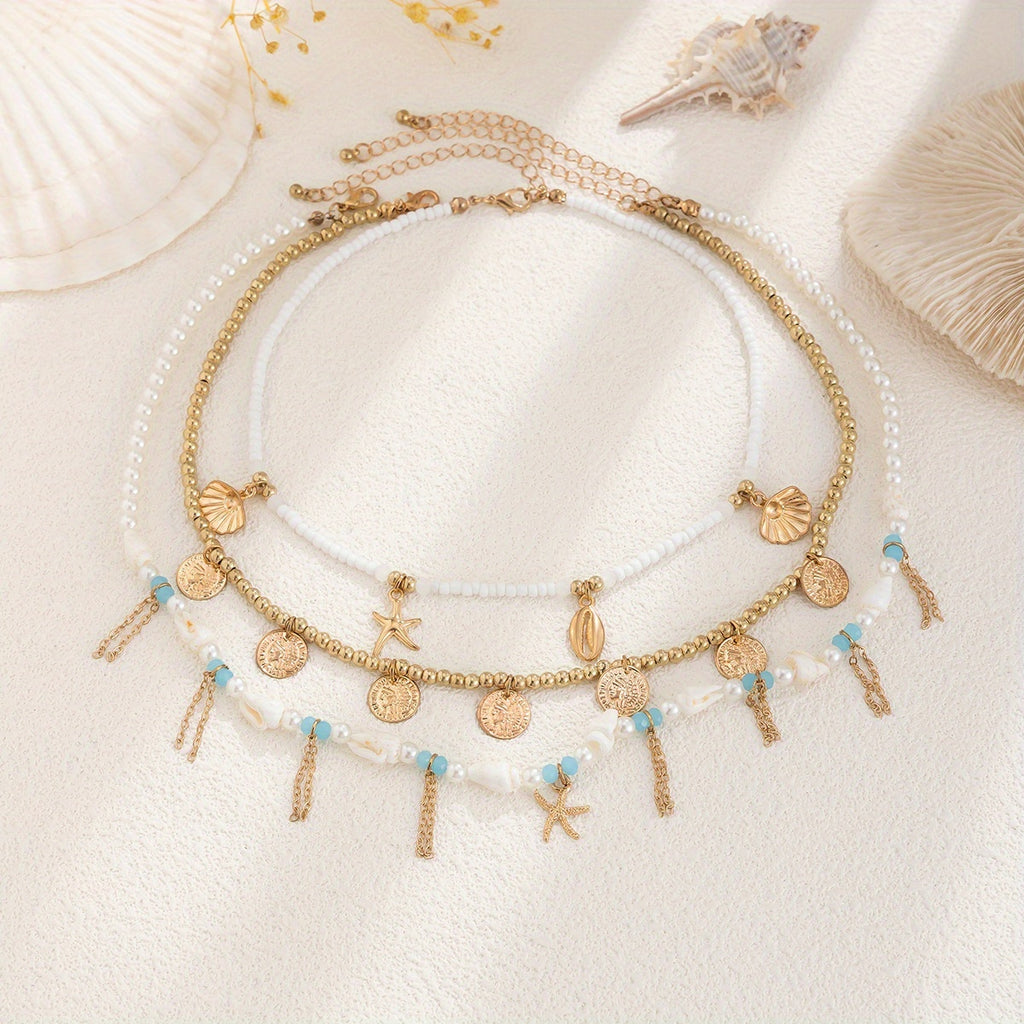 Bohemian Layered Necklace with Shell & Starfish Charms