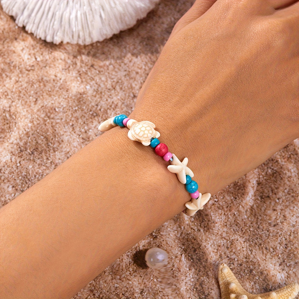 Adjustable Blue Cord Beach Bracelet with Starfish & Turtle