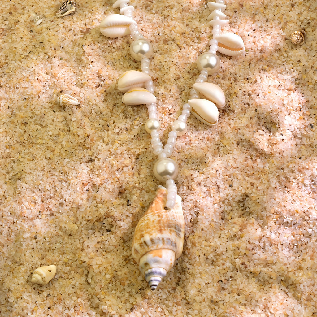 Bohemian Pearl and Shell Necklace with Conch Pendant