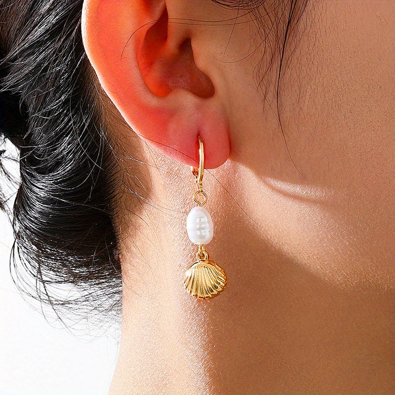 Dainty Gold Drop Earrings with Pearl & Scallop Shell
