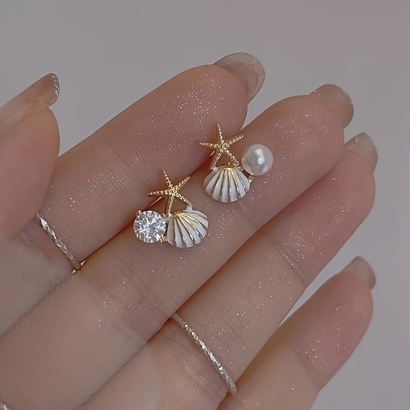 Asymmetric Starfish Shell Earrings with Pearl & CZ