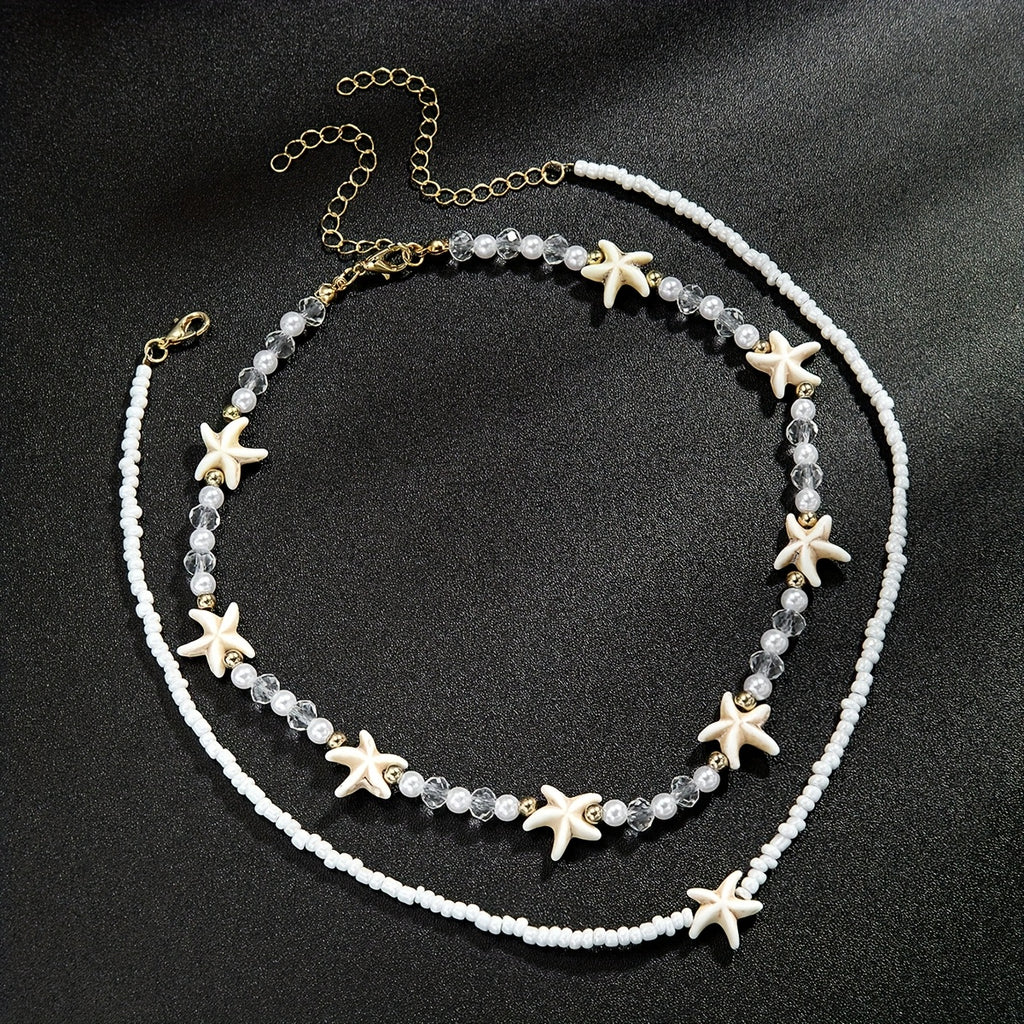 White Beaded Layered Choker with Starfish Charms