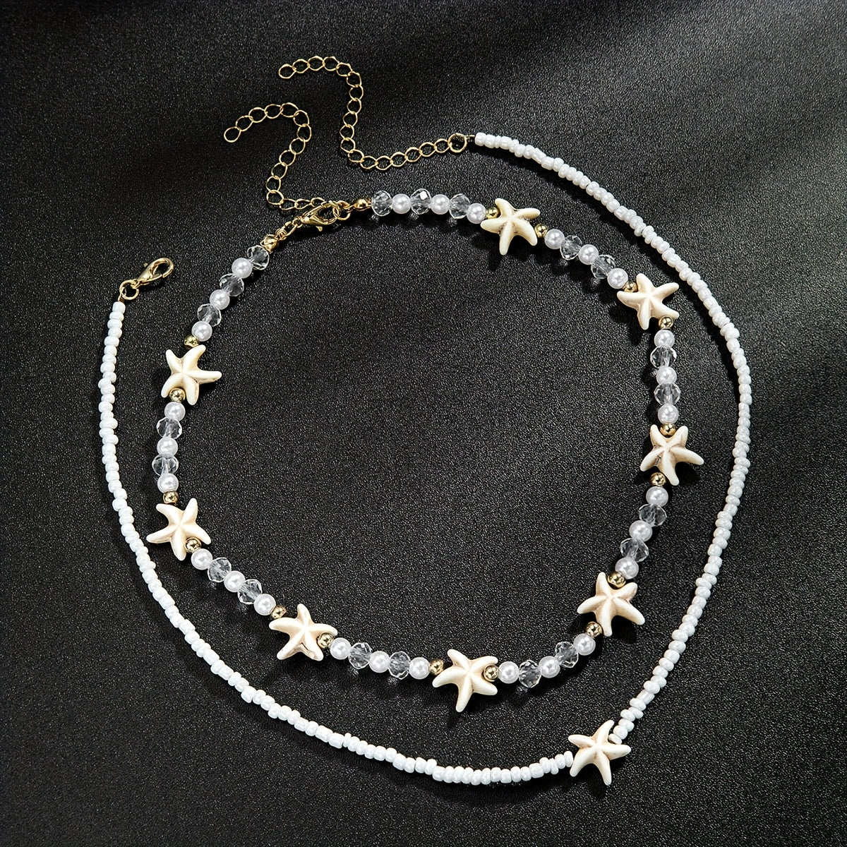 White Beaded Layered Choker with Starfish Charms