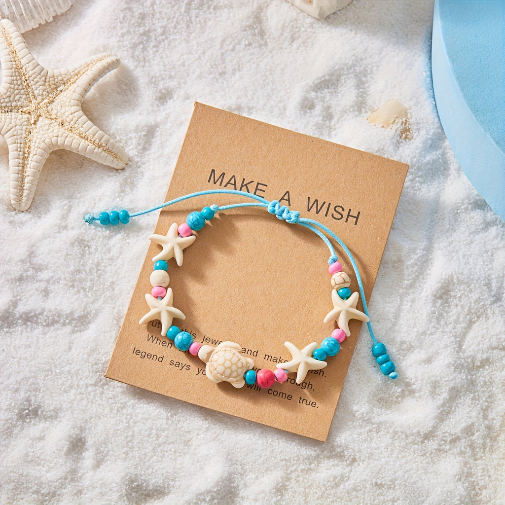 Adjustable Blue Cord Beach Bracelet with Starfish & Turtle