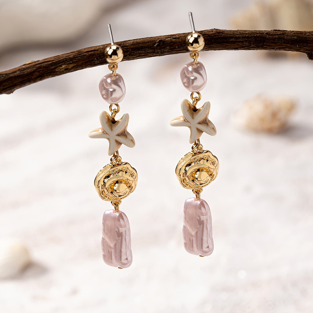 Bohemian Gold Starfish Drop Earrings with Pink Pearls