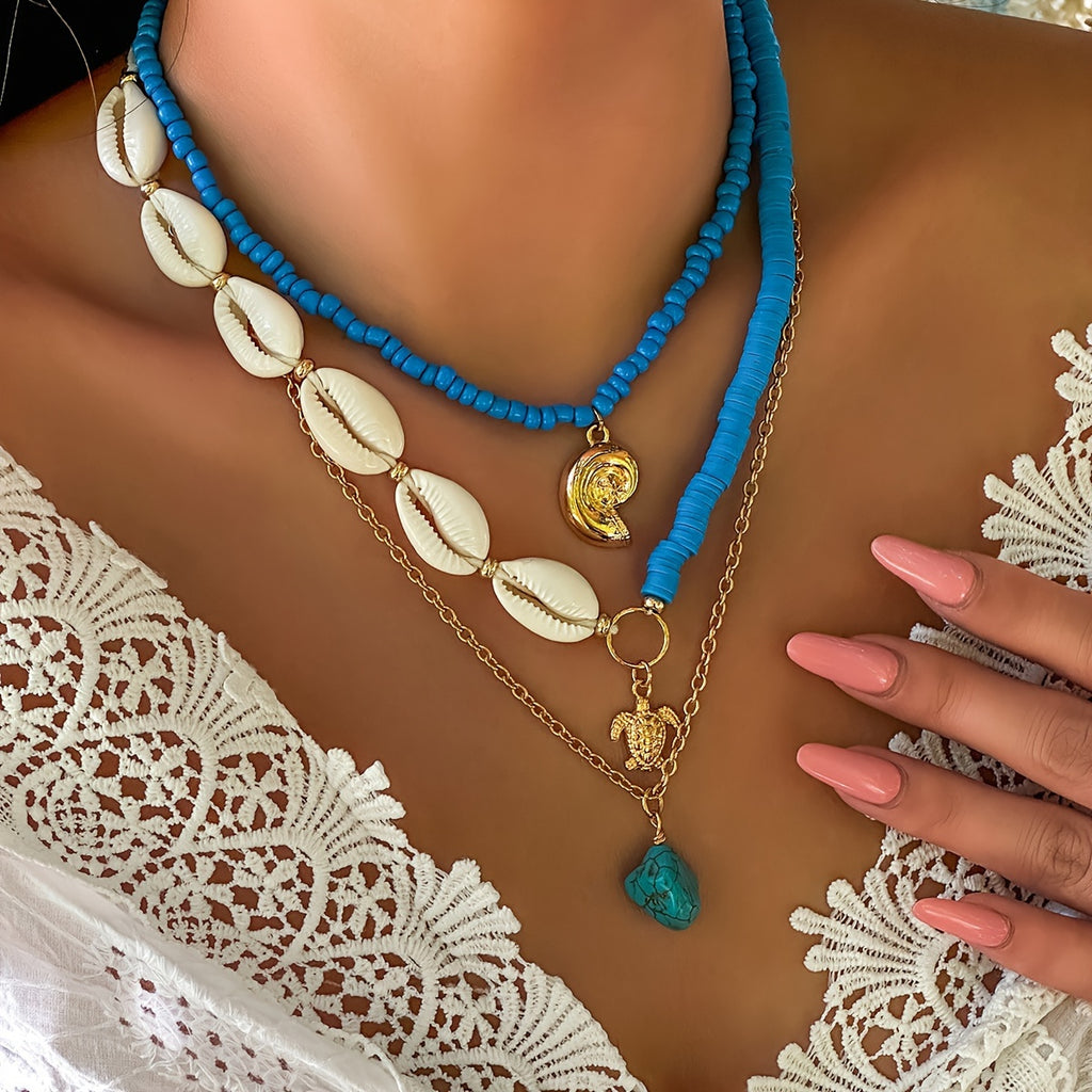 Bohemian Blue Layered Necklace with Cowrie Shells, Turtle