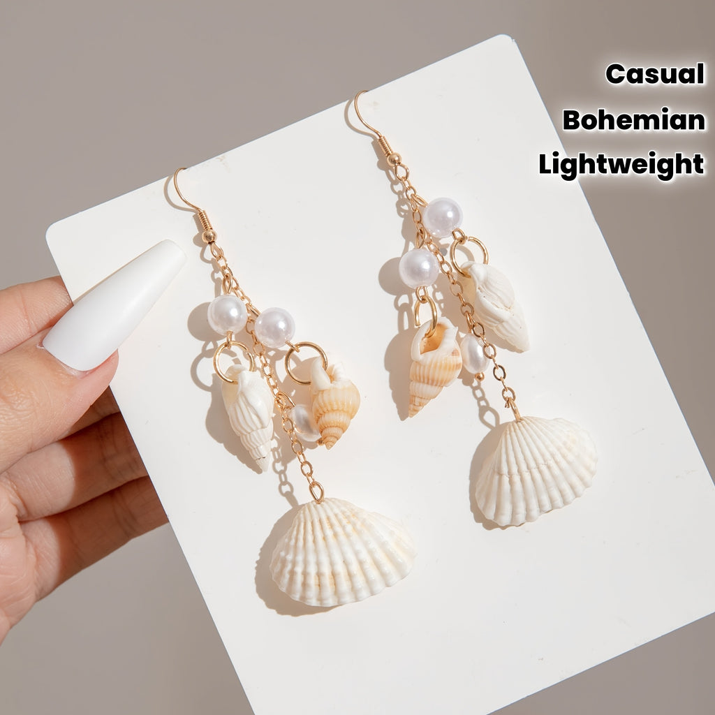 Bohemian Gold Seashell and Pearl Drop Earrings