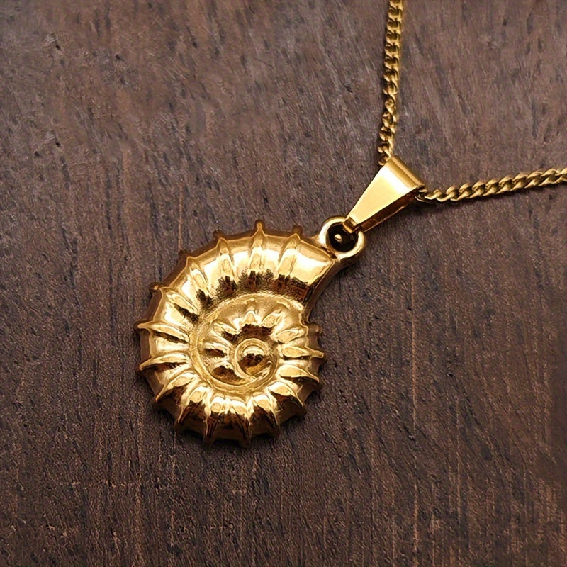 Golden Ribbed Ammonite Fossil Pendant Necklace