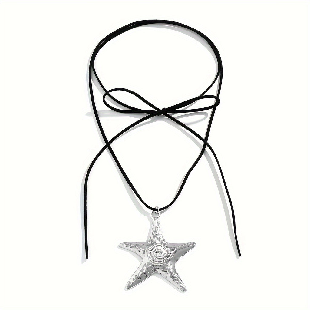 Bohemian Silver Starfish Lariat Necklace with Black Cord