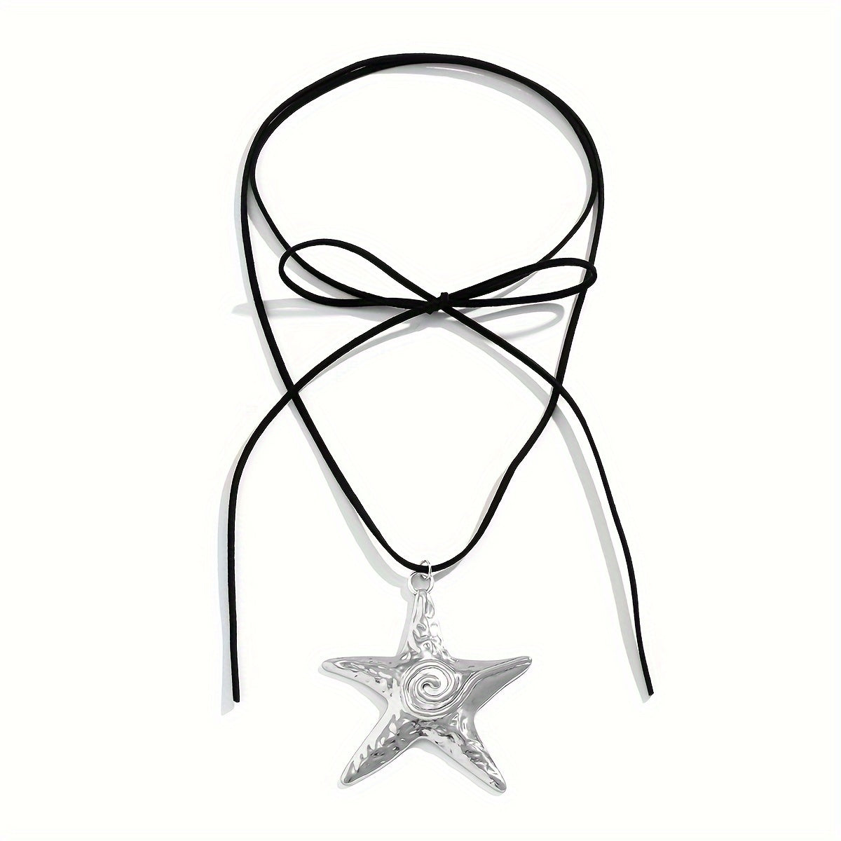 Bohemian Silver Starfish Lariat Necklace with Black Cord