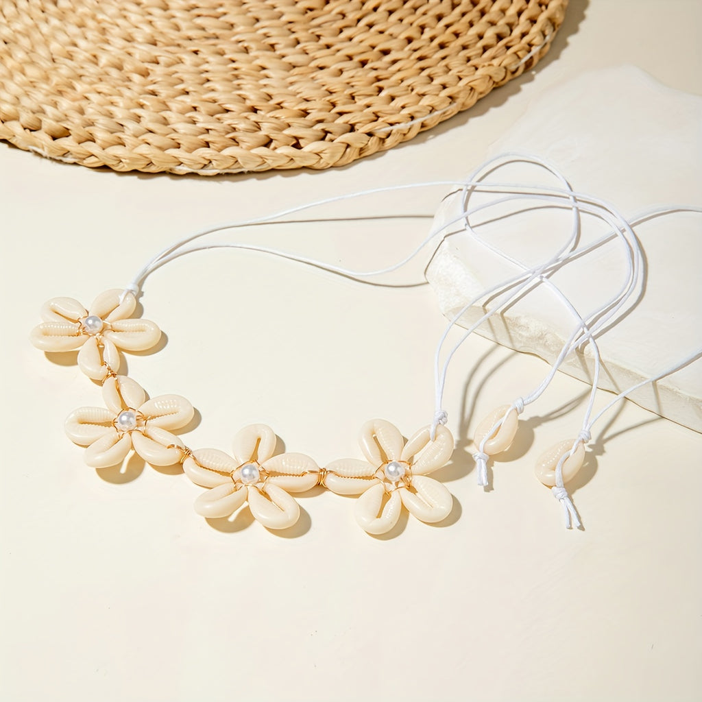 Bohemian Cowrie Shell Flower Choker with Pearls