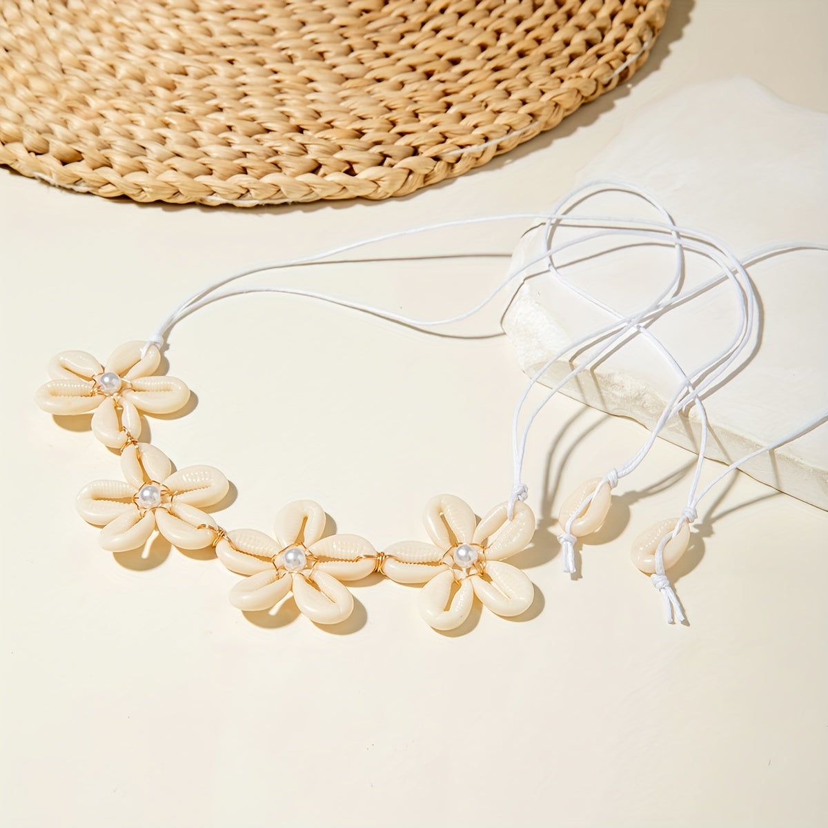 Bohemian Cowrie Shell Flower Choker with Pearls