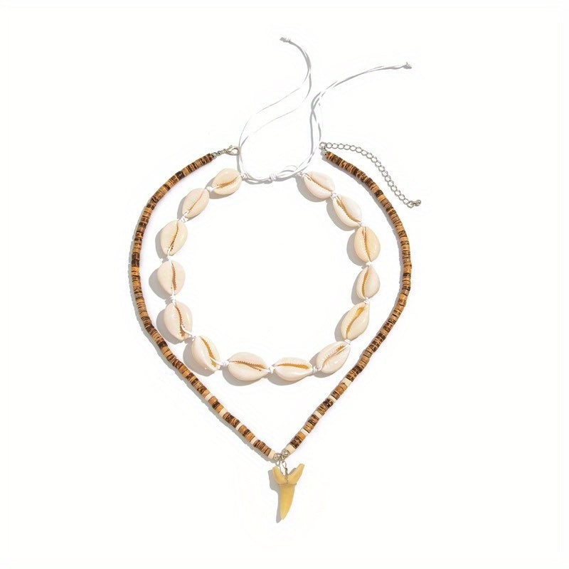 Bohemian Layered Necklace with Shells & Shark Tooth