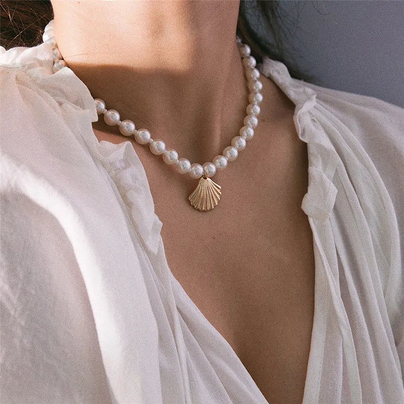 Pearl Necklace with Gold Shell Pendant