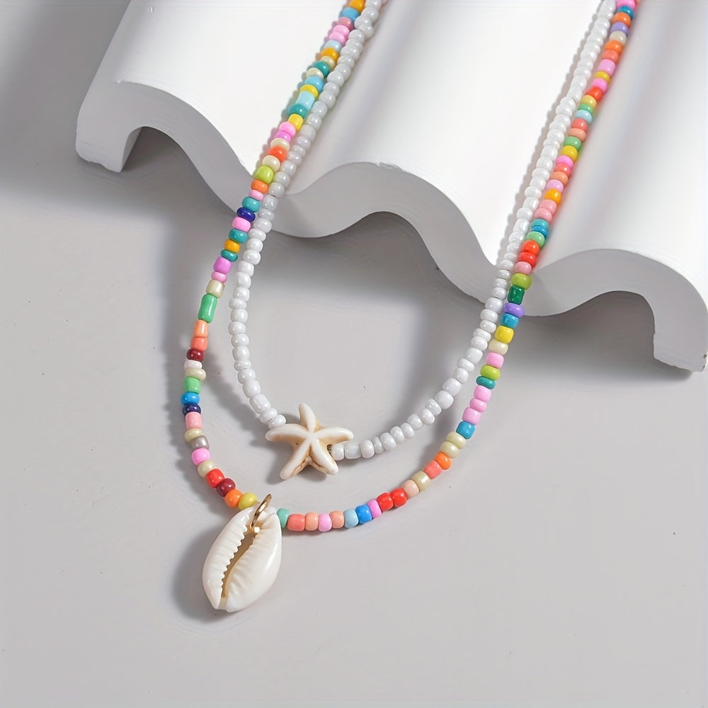 White Beaded Layered Choker with Starfish Charms