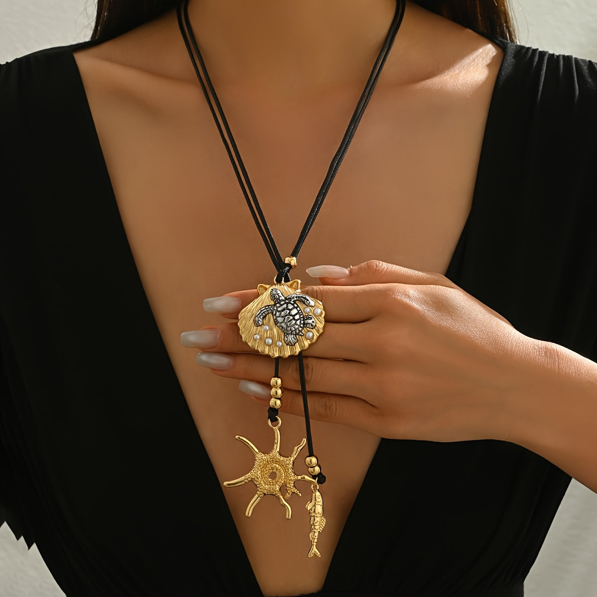 Adjustable Black Cord Lariat Necklace with Gold Ocean Charms