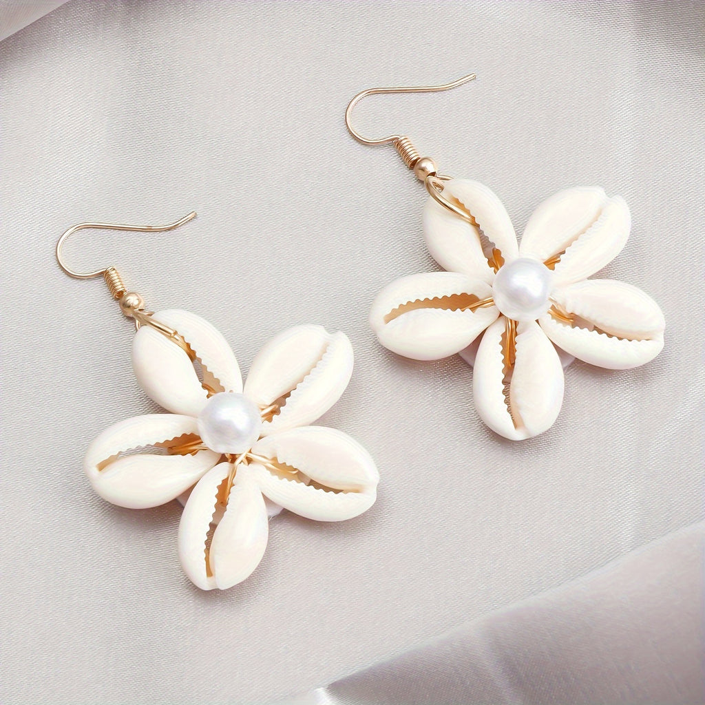 Bohemian Shell Flower Drop Earrings with Pearl