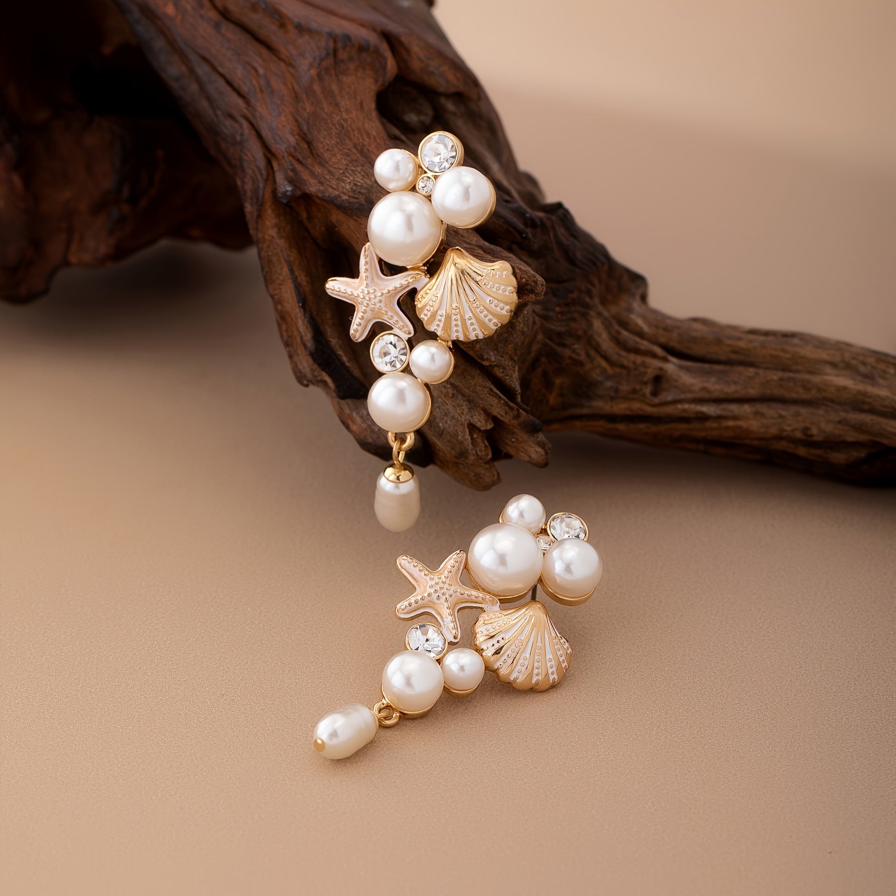 Gold-Tone Seashell Starfish Pearl Drop Earrings