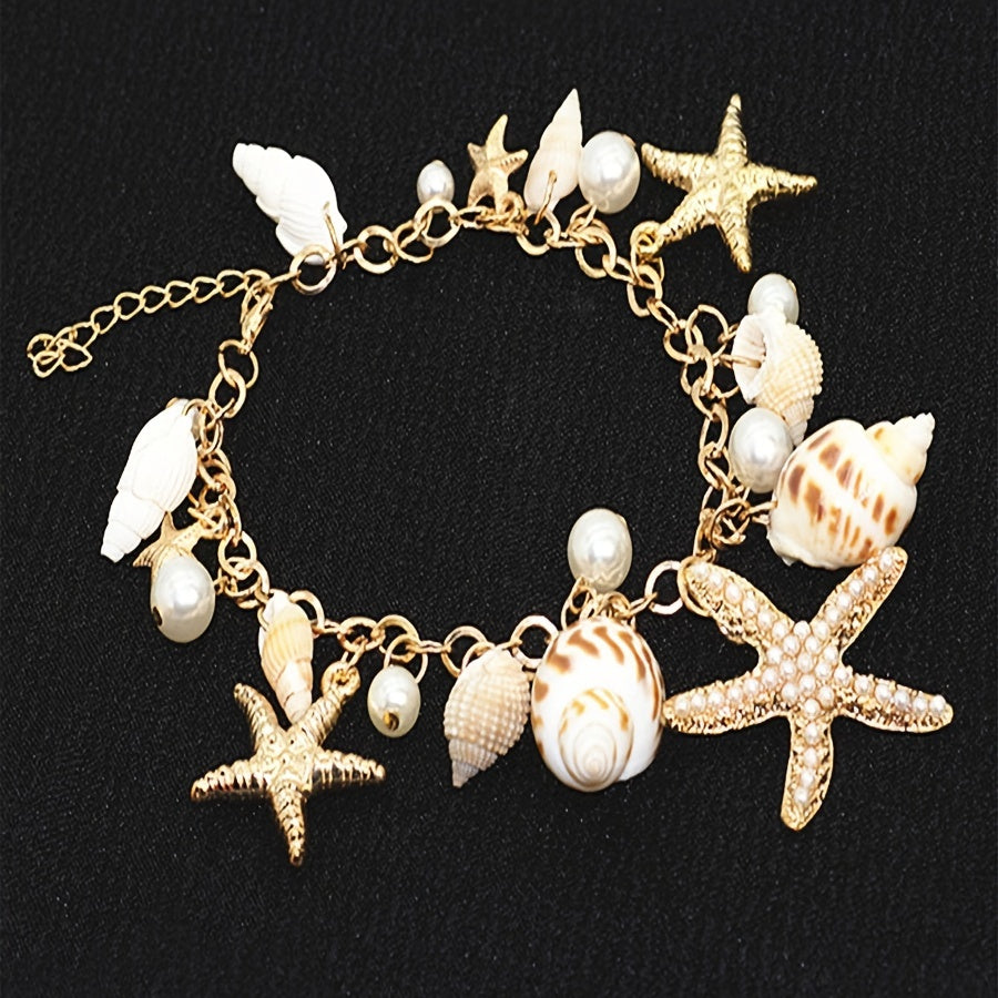 Gold Tone Seashell Starfish Pearl Charm Bracelet