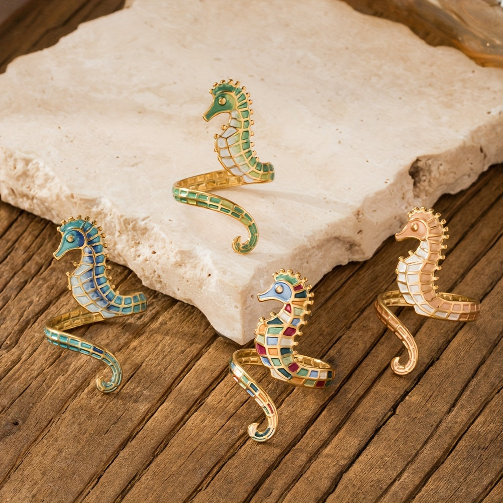 Gold-Tone Seahorse Wrap Ring with Blue Enamel