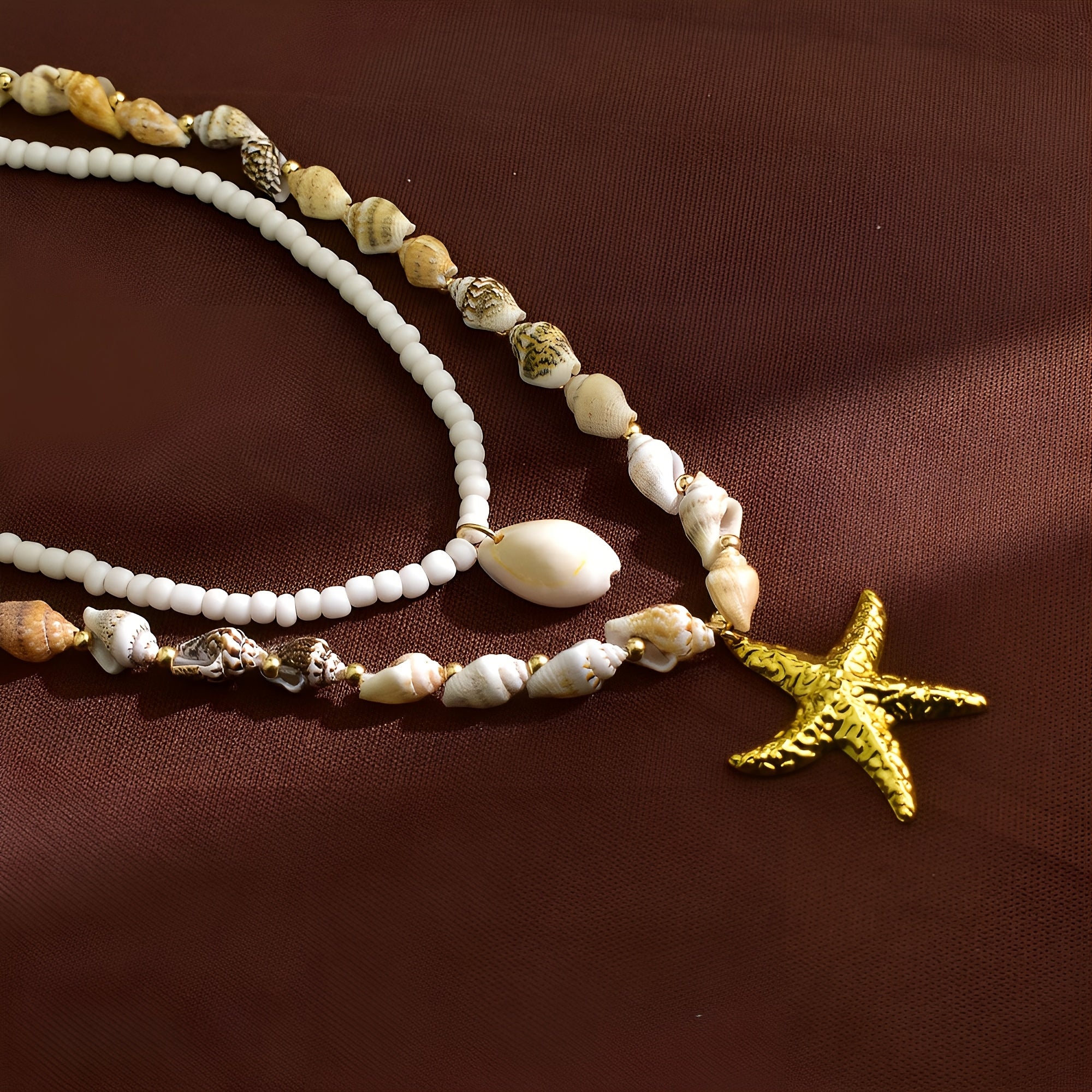 Bohemian Layered Shell Necklace with Gold Starfish