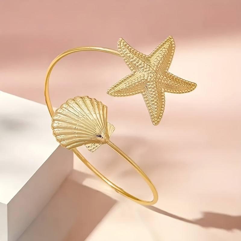 Gold Starfish Seashell Nautical Cuff Bracelet