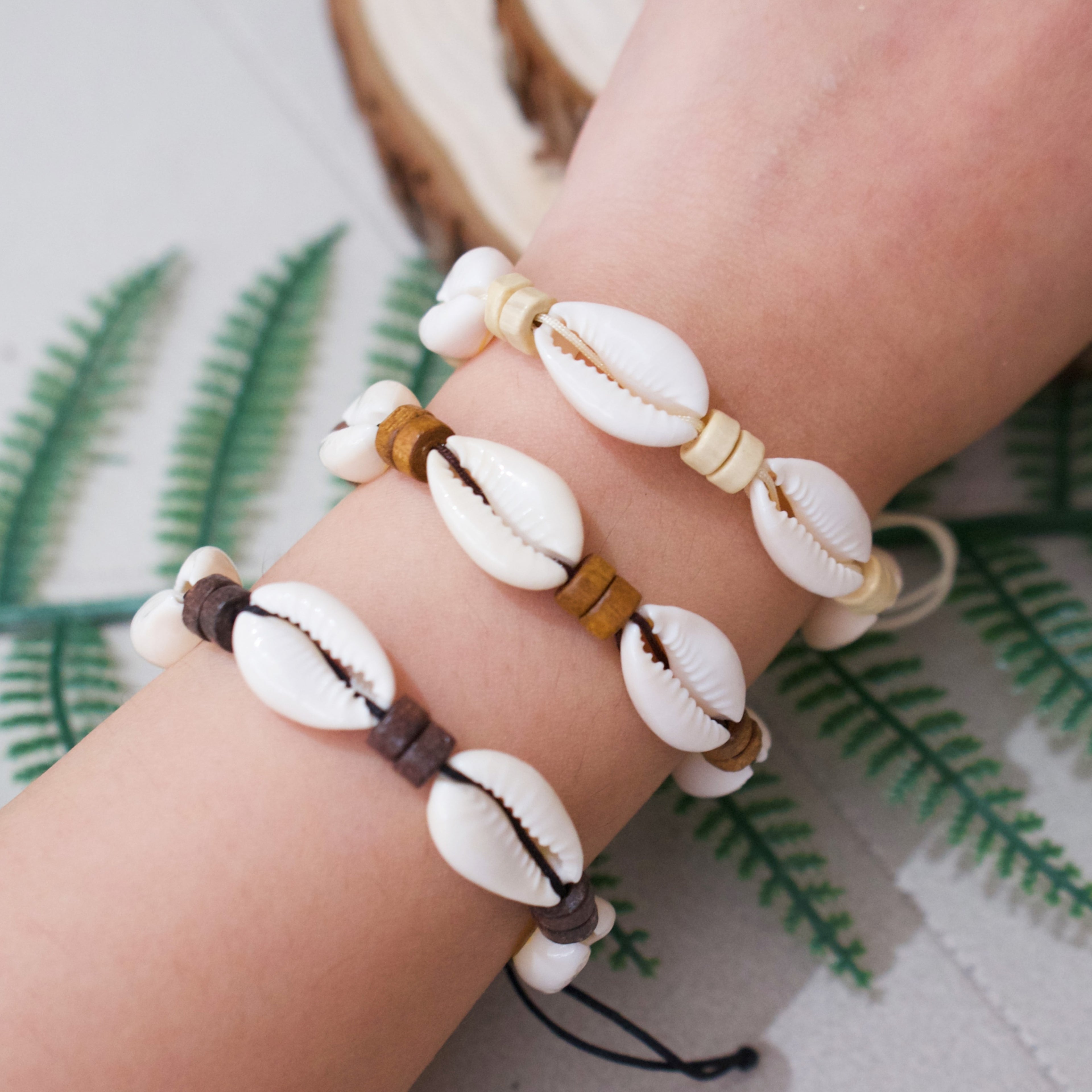 Adjustable Cowrie Shell Bracelets with Wood Beads