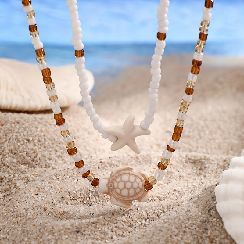 Layered White Seed Bead Necklace with Turtle Starfish
