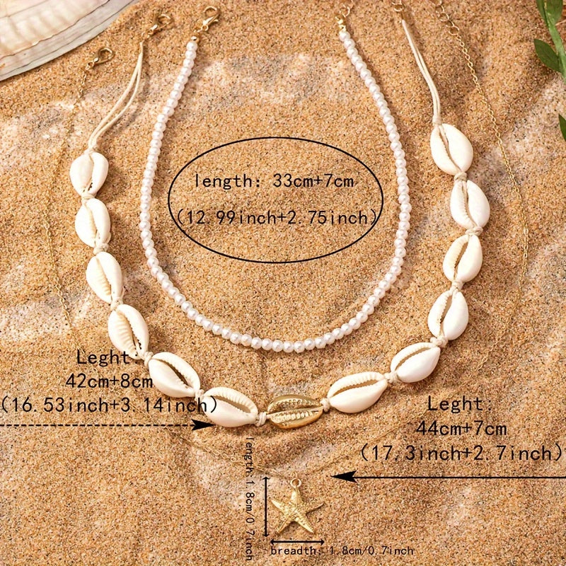 Layered Cowrie Shell and Pearl Necklace with Starfish
