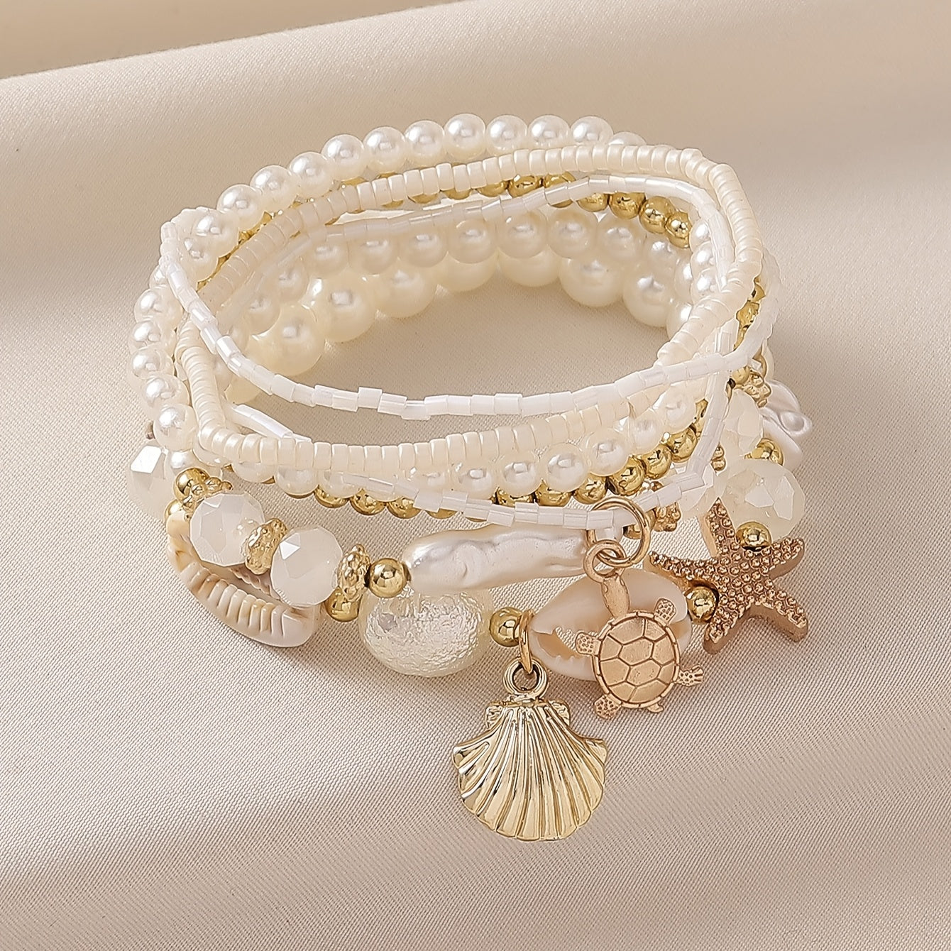 Boho White Pearl & Gold Sea Charm Stacked Bracelets