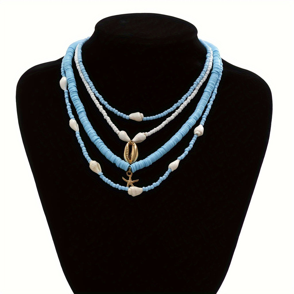Beachy Blue Layered Necklace with Seashells & Starfish