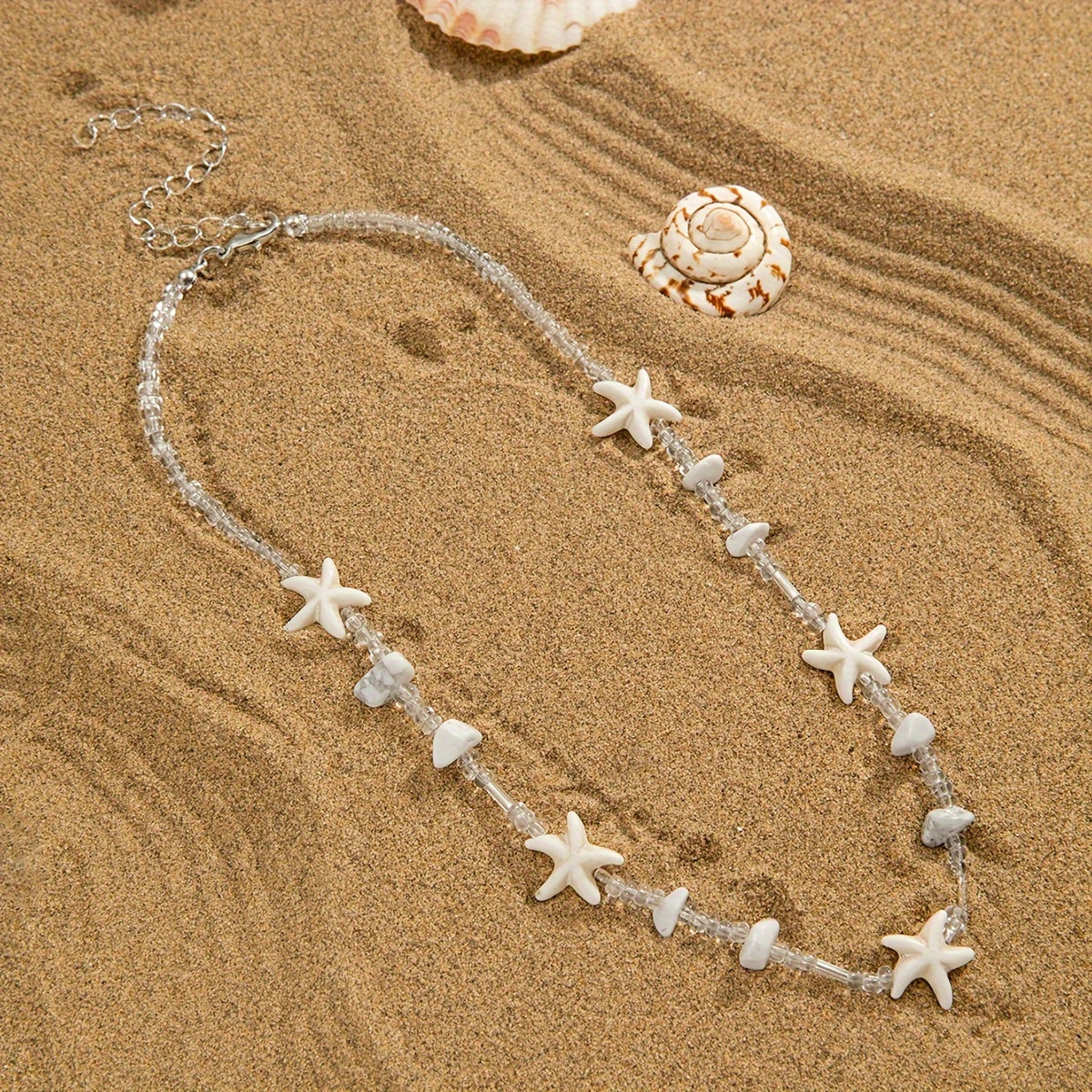 White Starfish and Stone Chip Beaded Necklace