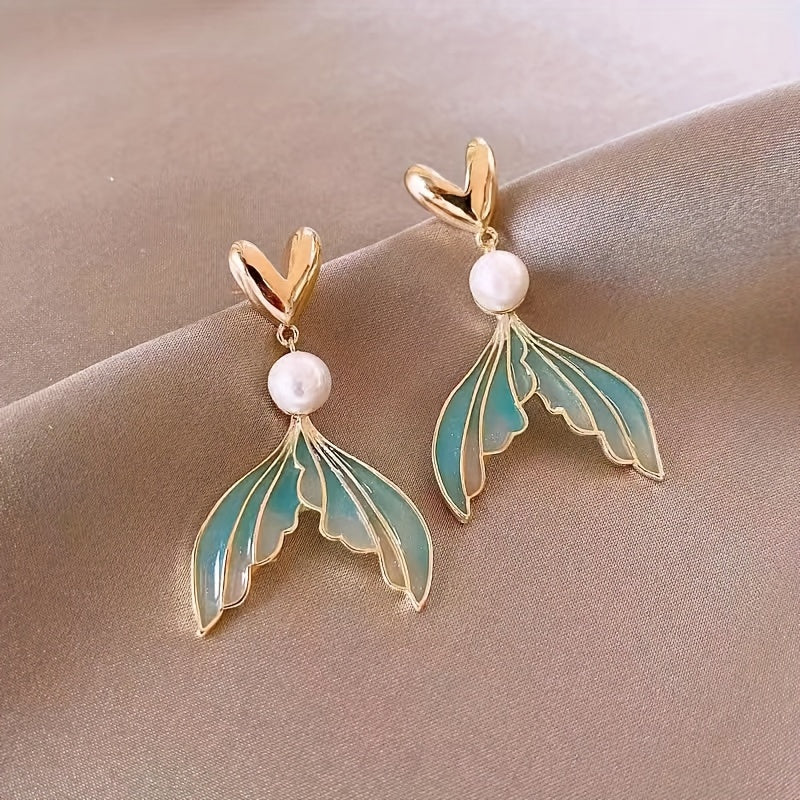 Gold Heart Pearl Gradient Mermaid Tail Drop Earrings
