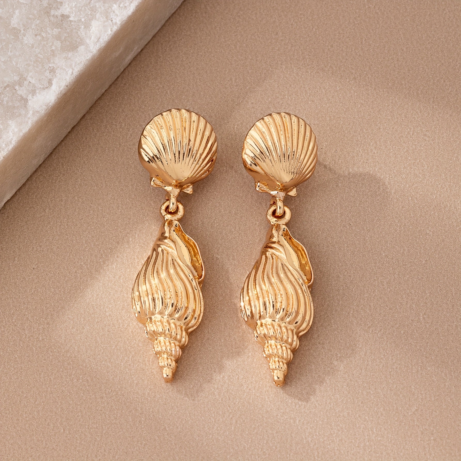 Gold Tone Scallop & Conch Drop Earrings