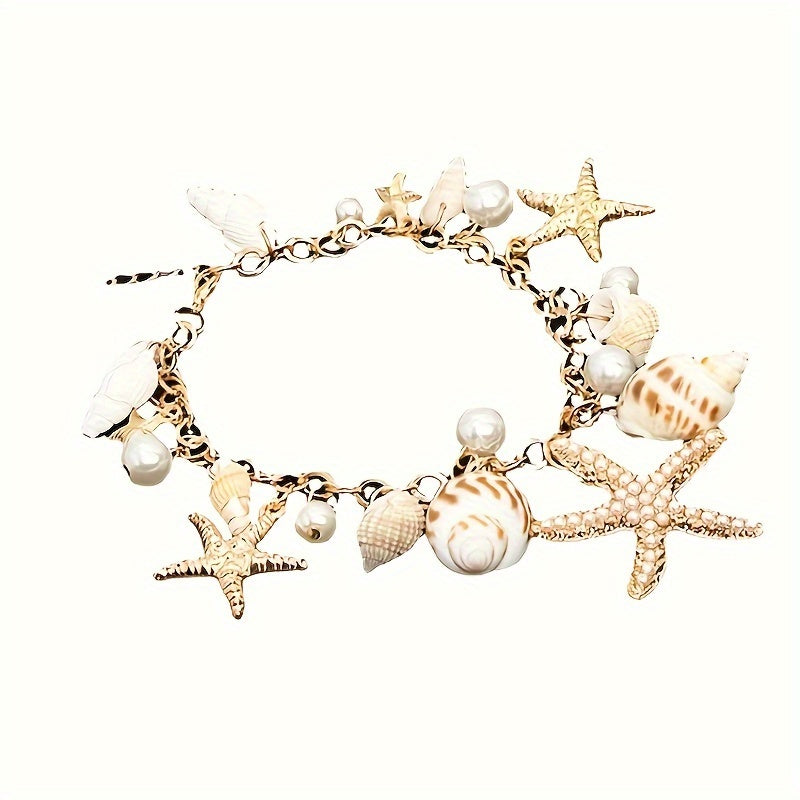 Gold Tone Seashell Starfish Pearl Charm Bracelet