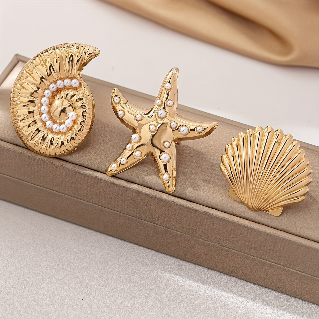 Gold Tone Marine Life Statement Rings Set with Pearls