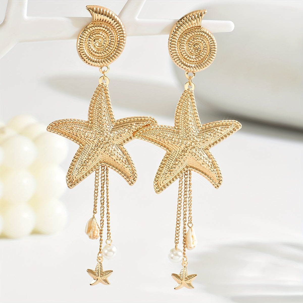 Gold Starfish Seashell Drop Earrings with Pearls