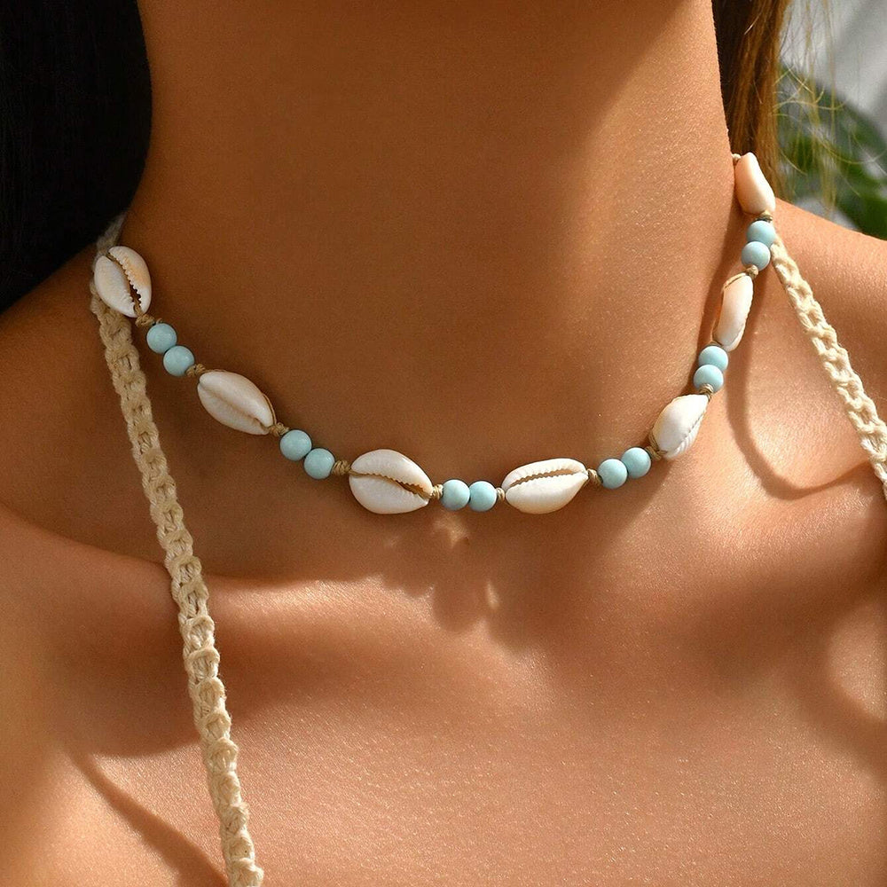 Beachy Cowrie Shell Choker with Blue Beads