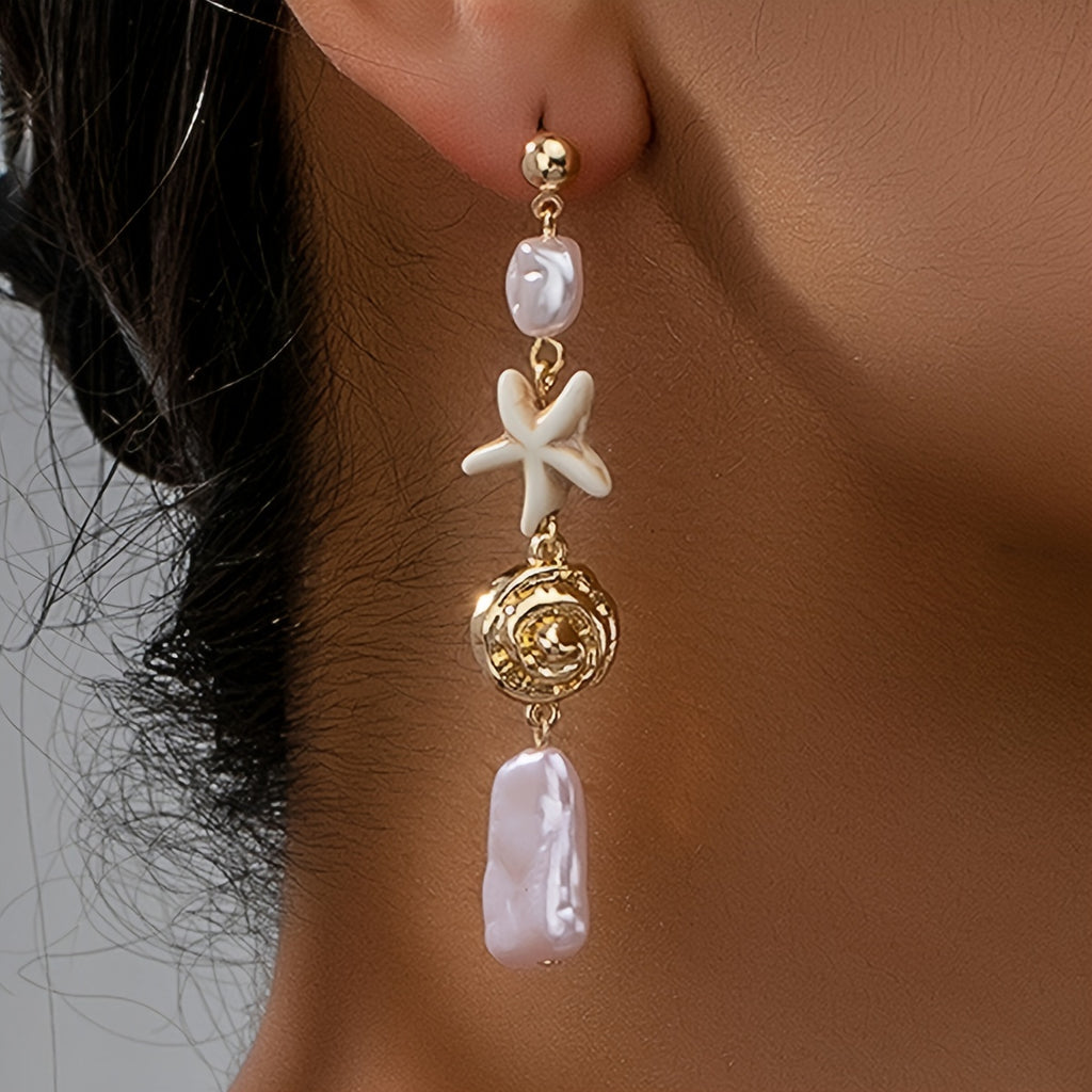Bohemian Gold Starfish Drop Earrings with Pink Pearls